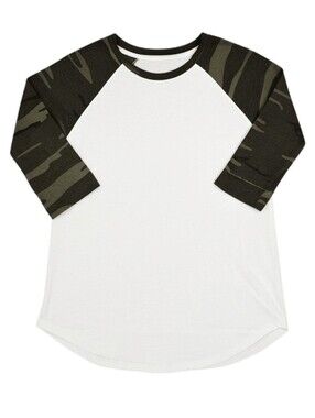 Z Supply Women's White Raglan Shirt with Olive Camo Sleeves